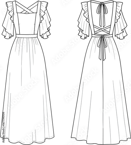 Ruffle Sleeve Dress, Maxi Dress CAD, Fashion Technical Drawing, Digital Dress Template, Crisscross Back Dress, Sewing Pattern Vector