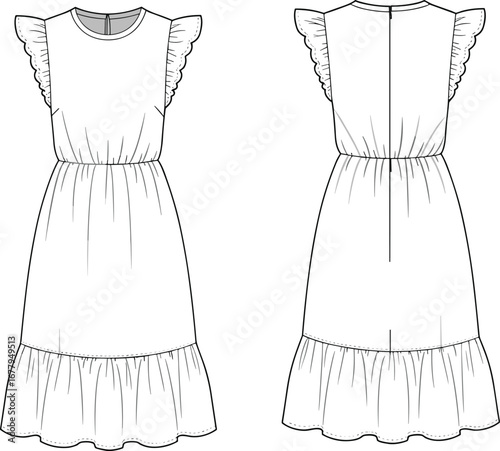 Ruffle sleeve dress flat sketch, front and back view, gathered waist, fashion technical drawing, stylish dress template, CAD drawing flat vector illustration.