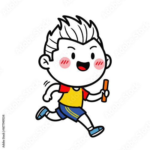Cartoon Boy Running Relay Race with Baton Sports Athletics Competition