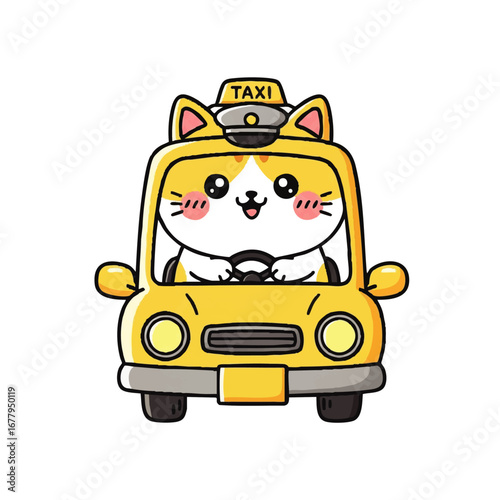 Adorable Cartoon Cat Driving a Yellow Taxi Cab Vector Illustration