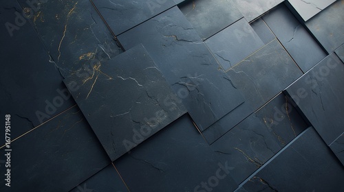Close-up of dark blue slate tiles with yellow accents, arranged in artistic pattern on wall, showcasing natural texture and patterns, sharp focus captures details, soft lighting highlights textures an