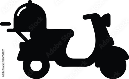Black silhouette of a scooter with a pizza delivery box on the back against a white background.