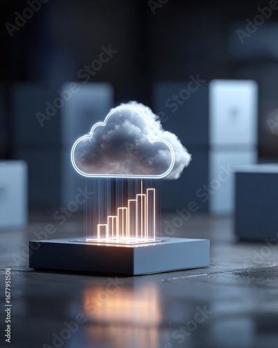 Cloud Computing Visualization with Data Growth Graphic Conceptual Illustration in Soft Focus Background