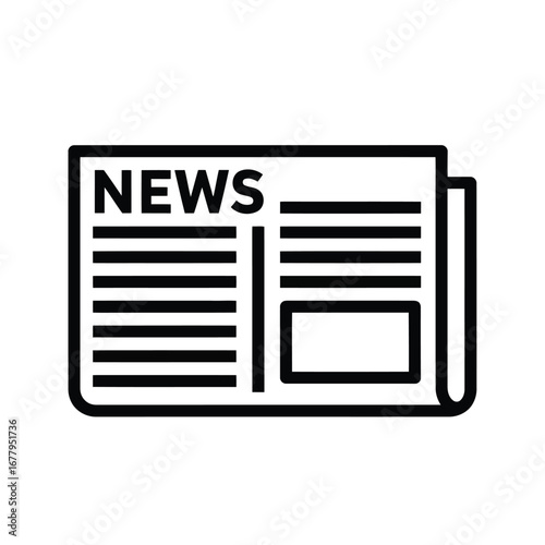 Vector illustration of black and white line art icon of a newspaper with the word news printed on the front page