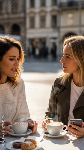 Two women enjoying coffee and conversation in a sunny caf?