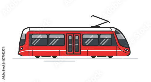 A sleek, modern red tram with a streamlined design and pantograph on the roof, depicted in a clean, flat vector illustration against a white background, representing efficient public transportation