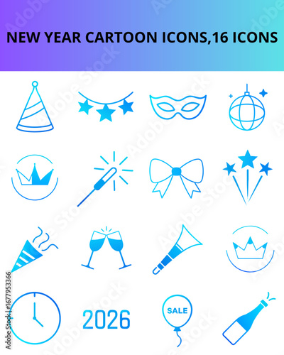 New Year cartoon icons collection with festive symbols and designs  