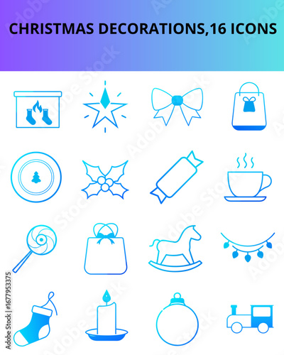 Christmas decoration icons in blue line art style on white background  