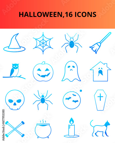 Halloween themed icons with witch hat, pumpkin, ghost, and skull  
