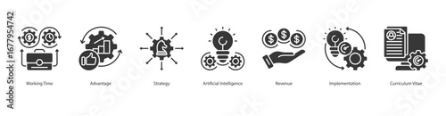 Intelligent Business Strategy banner web icon set vector illustration concept with icon of working time, advantage, strategy, artificial intelligence, revenue, implementation, curriculum vitae eps 10