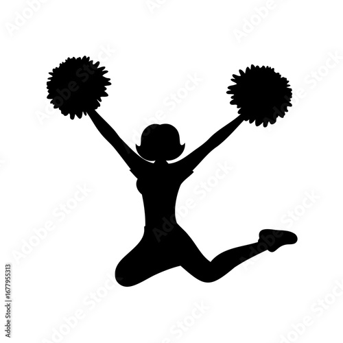 Cheerleader silhouette in mid air with arms raised holding pompoms proudly