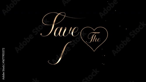 Save the date with heart in elegant gold script lettering, a great asset for wedding invitations and romantic event announcements, anniversary announcements, elegant design projects.