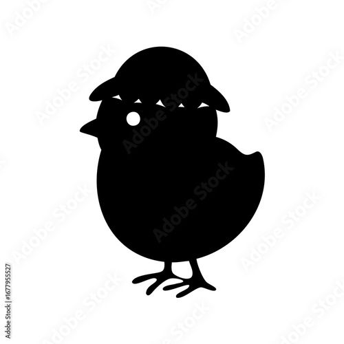 Black silhouette of a chick wearing the top of an egg as a hat