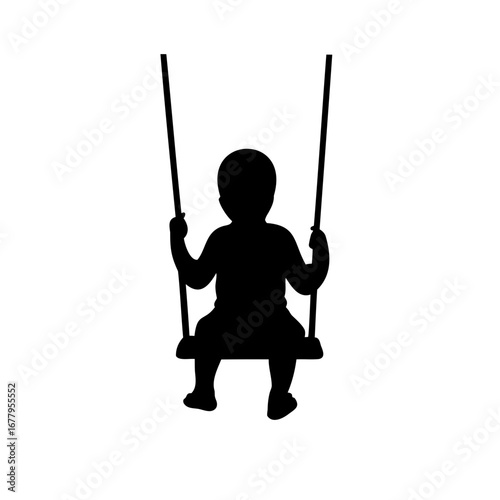 Silhouette of a young child playing on a swing set outdoors joyfully