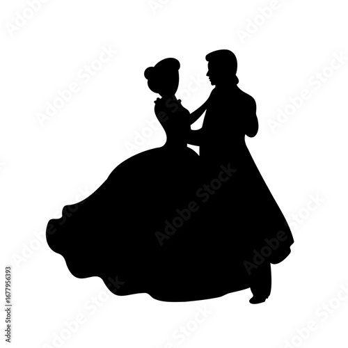 Silhouette of a graceful couple in vintage attire elegantly dancing together