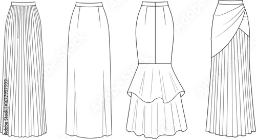 Skirt Fashion Flats, Technical Skirt Illustrations, Maxi Skirt CAD, Pleated Skirt Sketch, Mermaid Skirt Vector, Digital Sewing Template