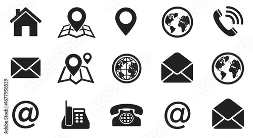 Contact us icon set. Black and white web communication symbols. Location, phone, email, home, and globe icons.