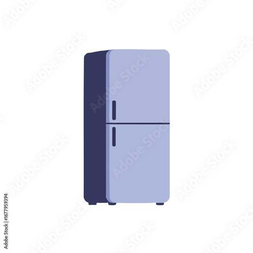A modern 2D flat vector refrigerator in a side view, featuring solid color panels and clean lines, presented on a pure white background, perfect for web icons.