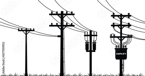 Utility poles with power lines, electrical distribution system, transformers, amplifier box, energy infrastructure, voltage network, industrial silhouette, black outline, flat vector illustration