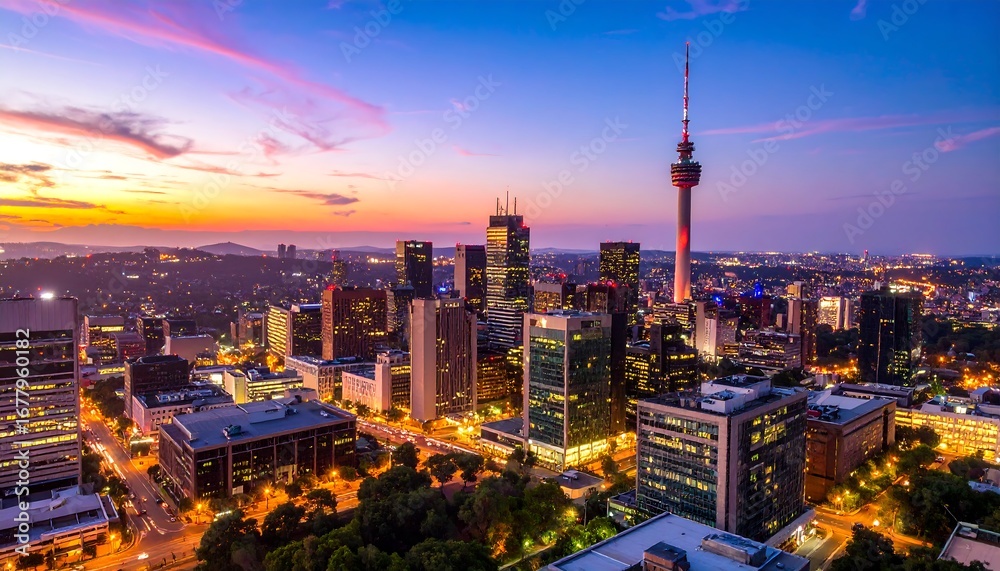 Fototapeta premium City Skyline Dusk Aerial View