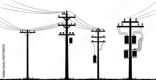 Four utility poles with transformers, electrical distribution system, power lines, voltage network, energy infrastructure, industrial silhouette, black outline, high voltage, flat vector illustration