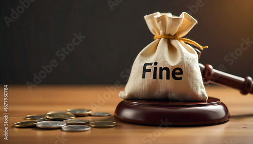 Money bag labeled Fine sits beside judge gavel on wooden table. Several coins scattered. financial penalties, legal violations, concept of punishment for crimes,created with generative ai