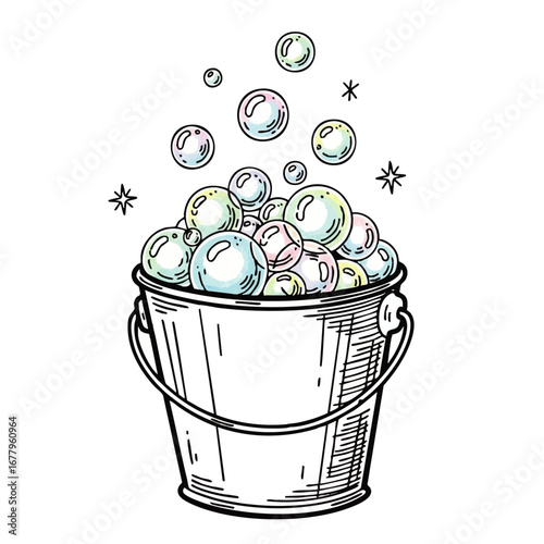 Bubble Bucket Hand Drawn Vector Illustration of Cleaning Supplies