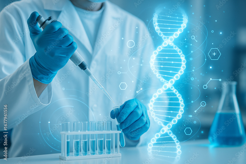 Fototapeta premium AI generated scientist in modern laboratory using pipette with glowing DNA graphics symbolizing molecular biology precision innovation and biotechnology research in clean advanced lab atmosphere