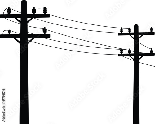 Utility poles with power lines, electricity distribution, energy infrastructure, electrical grid network, industrial silhouette, high voltage, black white, flat vector illustration