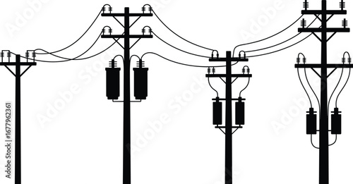 Utility poles with power lines, electricity distribution, energy infrastructure, electrical grid network, industrial silhouette, high voltage, black white, flat vector illustration