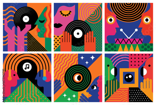 A series of vibrant abstract illustrations in a cubist style, celebrating music, DJing, and records with bold shapes and a dynamic color palette.