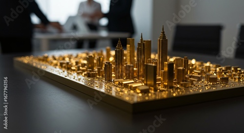 Wallpaper Mural Office Desk Featuring Golden Cityscape Miniature with Business Professionals Torontodigital.ca