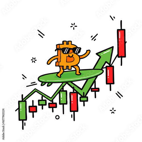Bitcoin Surfing Bull Market Cryptocurrency Price Soaring with Upward Trend Cartoon
