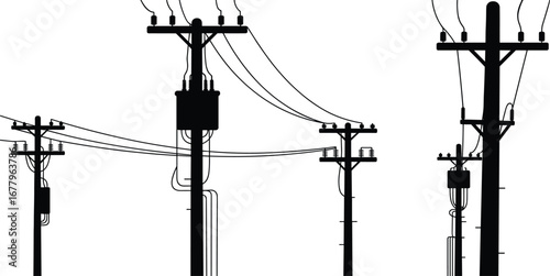 Multiple utility poles with transformers, power lines, electricity distribution, energy infrastructure, electrical grid network, industrial silhouette, high voltage, black white,