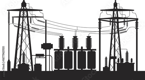 Electrical substation with transformers, transmission towers, high voltage power lines, energy infrastructure, electricity distribution network, industrial silhouette, black white