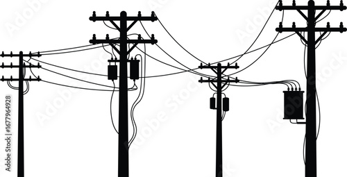 Multiple utility poles with transformers, power lines, electricity distribution, energy infrastructure, electrical grid network, industrial silhouette, high voltage, black white, 