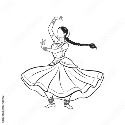 Stylized Line Art of an Indian Classical Dancer. Traditional Kathak Dance Pose Woman Illustration.

