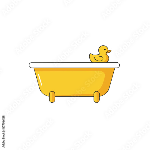 A clean and inviting 2D flat vector illustration featuring a solitary yellow rubber duck floating serenely in a pristine white bathtub, isolated on a bright background.