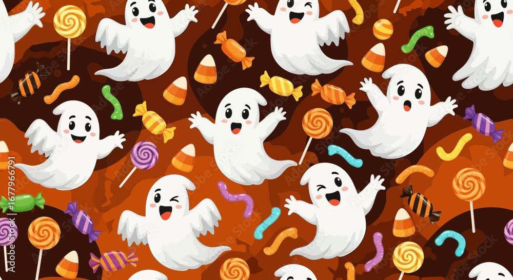 Fototapeta premium Cartoon Vector SVG Illustration of Halloween Ghost and Candy Seamless Pattern Design in Flat Style