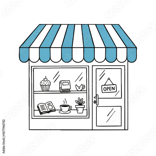 Charming Hand Drawn Shopfront Illustration with Open Sign Books and Treats