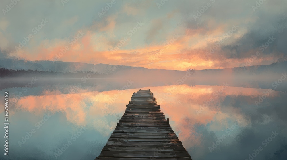Obraz premium Serene Wooden Pier Extending Into Calm Water at Sunrise Surrounded by Mist and Soft Glowing Clouds
