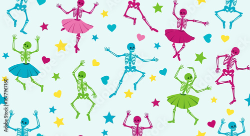 Colorful Skeleton SVG Pattern with Stars and Hearts Vector SVG Design