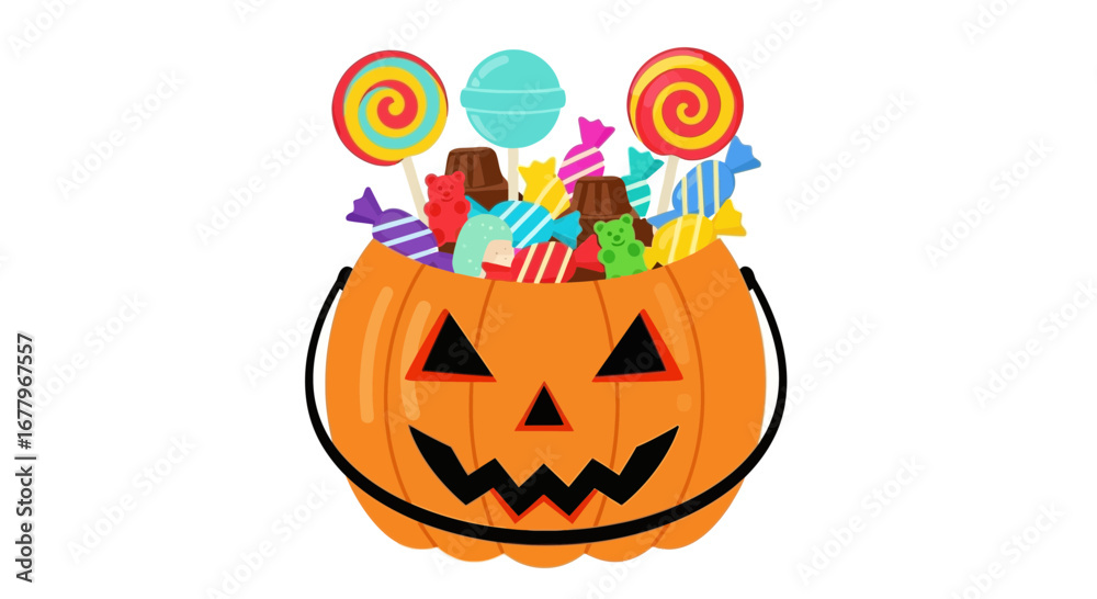 Fototapeta premium Halloween Vector SVG Icon of a Pumpkin Bucket Filled with Candy Flat Design Style