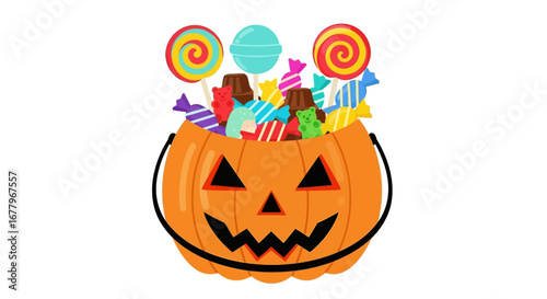 Halloween Vector SVG Icon of a Pumpkin Bucket Filled with Candy Flat Design Style