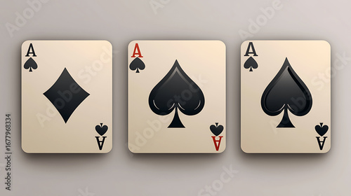 Three Ace Playing Cards Illustration on Gray Background: Ace of Diamonds + Two Aces of Spades (Light Cream Faces, Rounded Corners, Red Mark on Middle Ace)