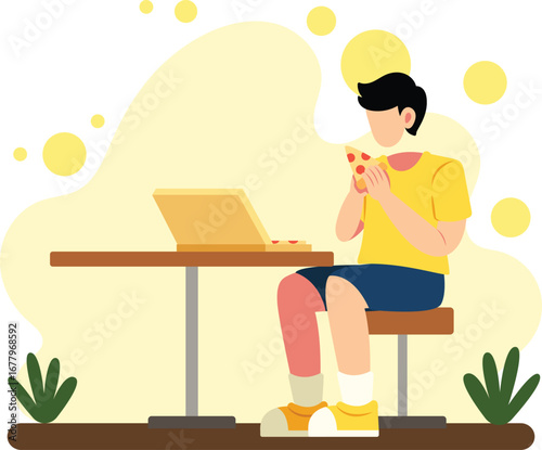 Man eating pizza at table illustration