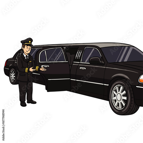 Cartoon Illustration of a Chauffeur Opening a Limousine Door for a Special Event