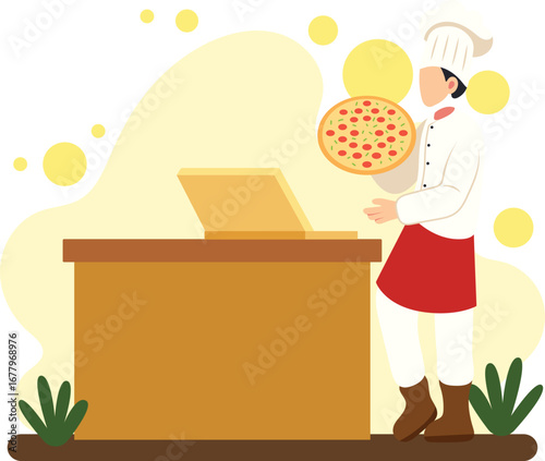 Chef holding pizza in restaurant illustration