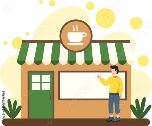 Small coffee shop illustration. Small cafe shop with striped canopy