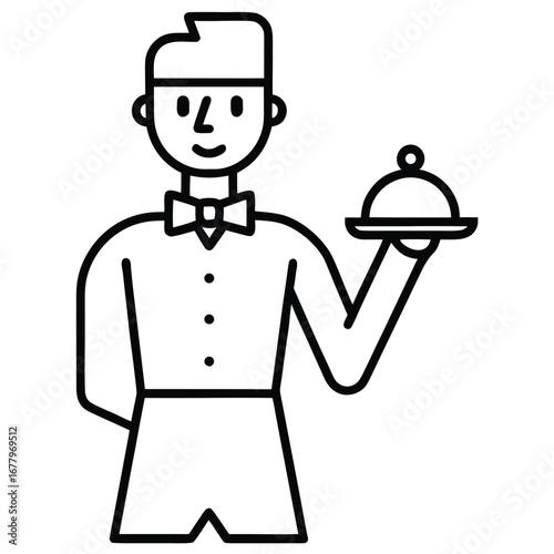 Black and White Line Art Icon of a Waiter Holding a Covered Dish server restaurant